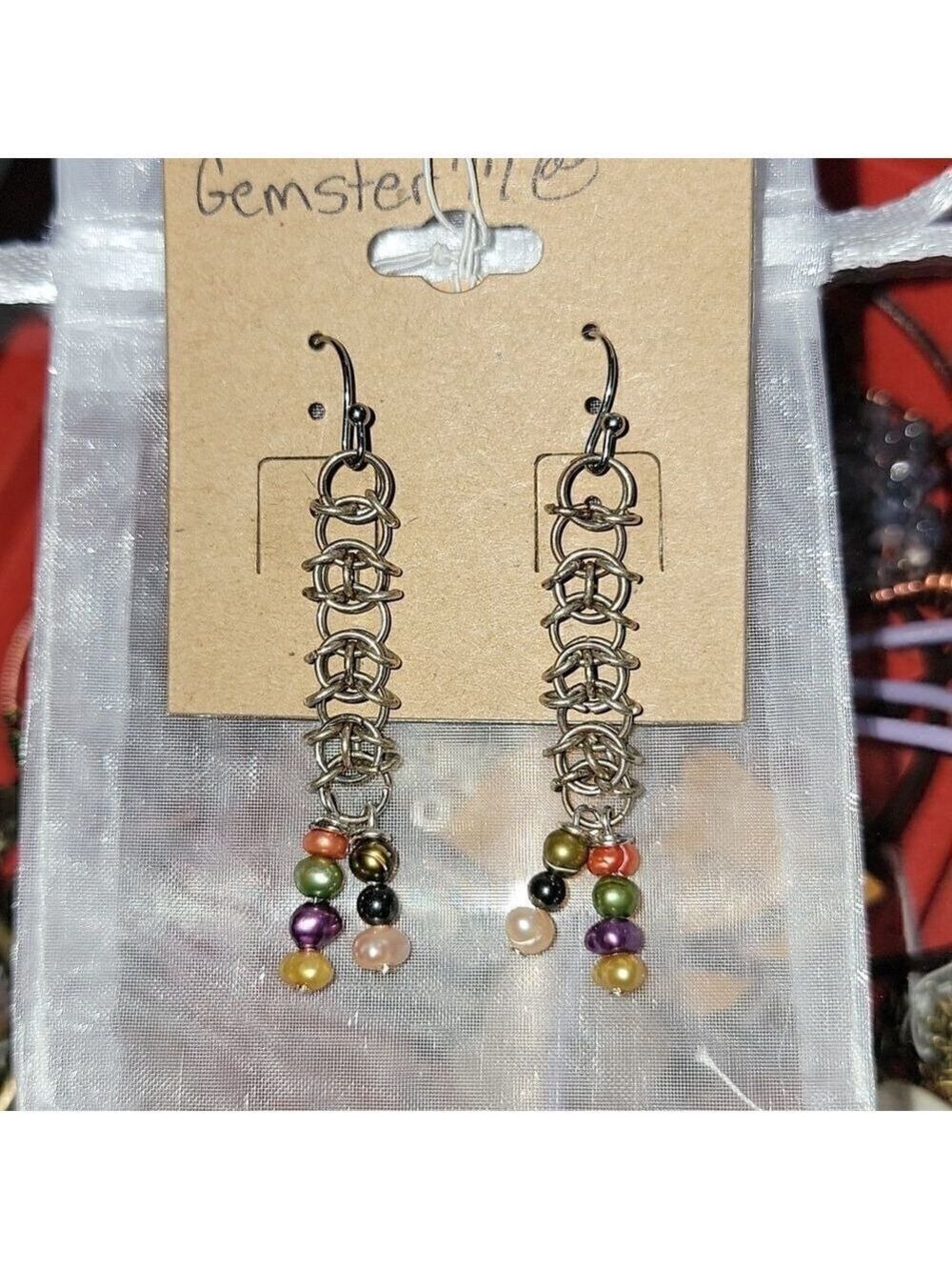 Silver Pearl Chainmail Dangling Earrings #E28